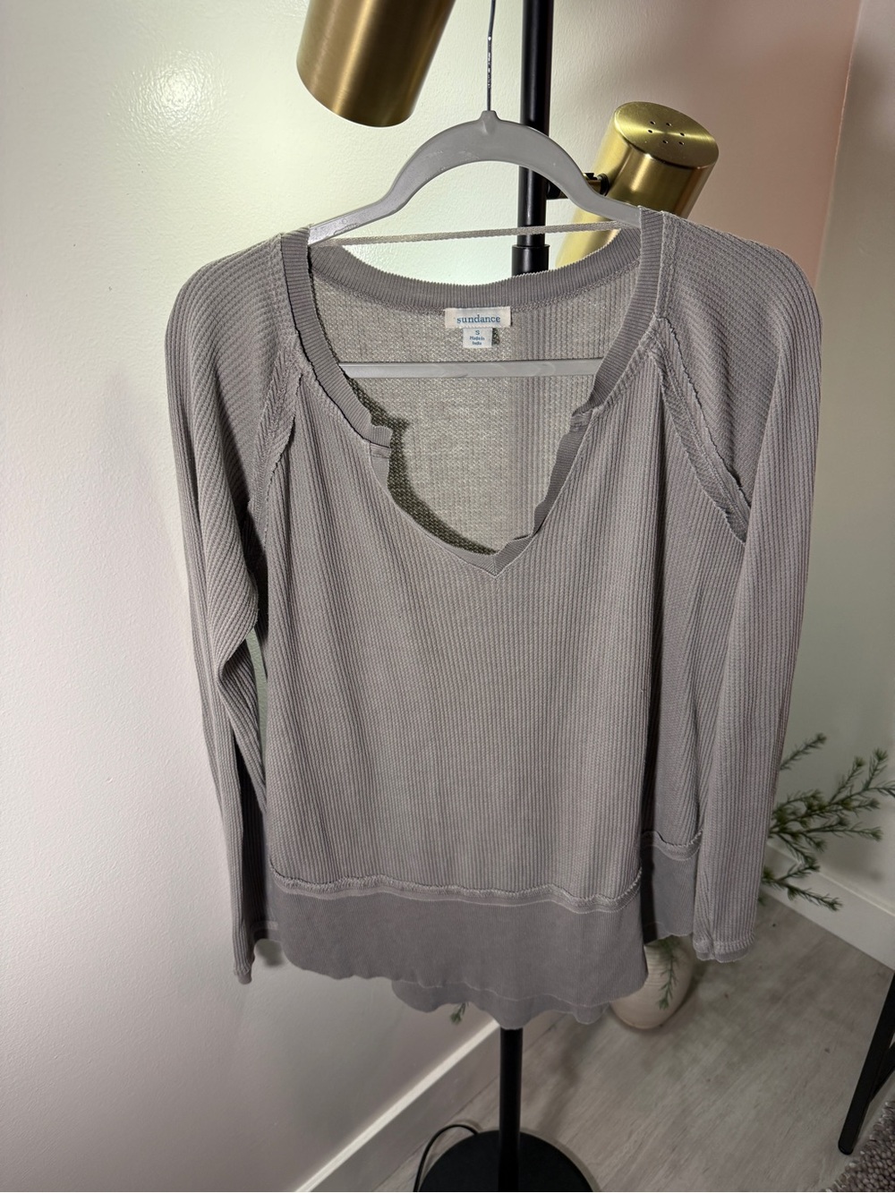 Sundance Henley v neck boho western jeans top gray Waffle Knit loose fit small